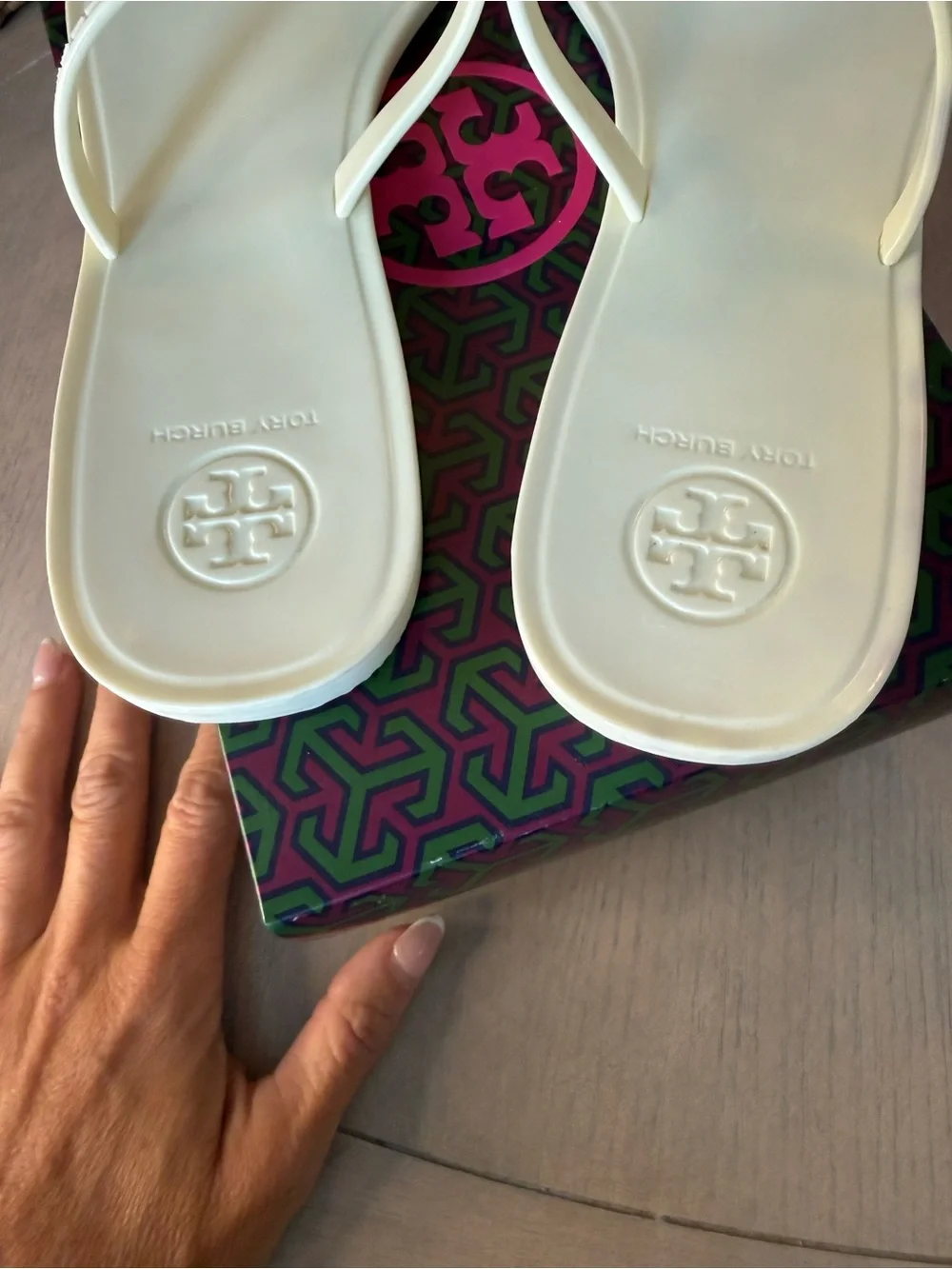 Tory Burch White Miller Logo Thong Sandals with Gold Medallion